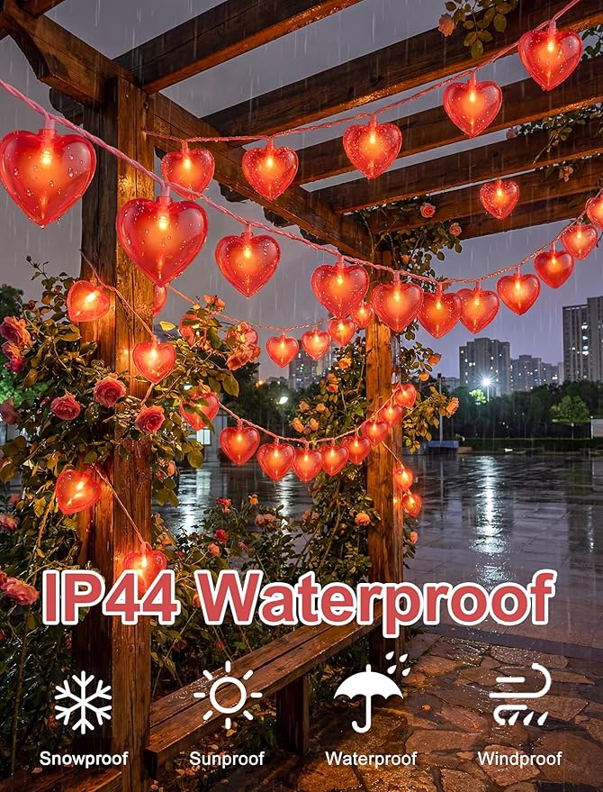 Valentine’s Day Red Heart String Lights, 12FT Plug-In Connectable Fairy Lights with 20 LED Glitter Heart Bulbs, Romantic Indoor Outdoor Decor for Wedding, Party, Window, Anniversary, Christmas