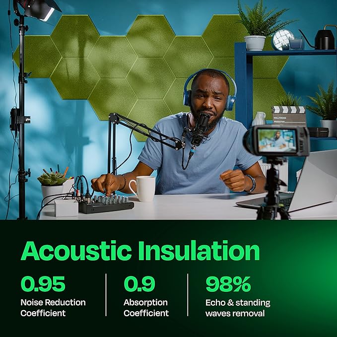 Acoustic Panels - 12-Pack Soundproof Wall Panels, 14"X12.1"X0.4", High Density Sound Dampening - Gin Green Hexagon