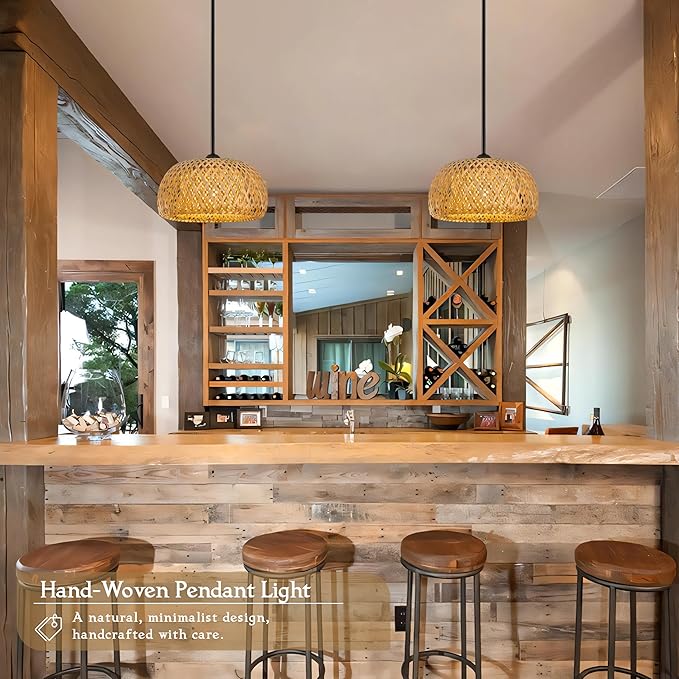 12" Bamboo Pendants Light Wicker Pendant Lights Boho Chandelier Adjustable Rustic Basket Rattan Pendant Wicker Light Fixture Woven Pendants for Kitchen Island Dining Room (Bulb Incl.)