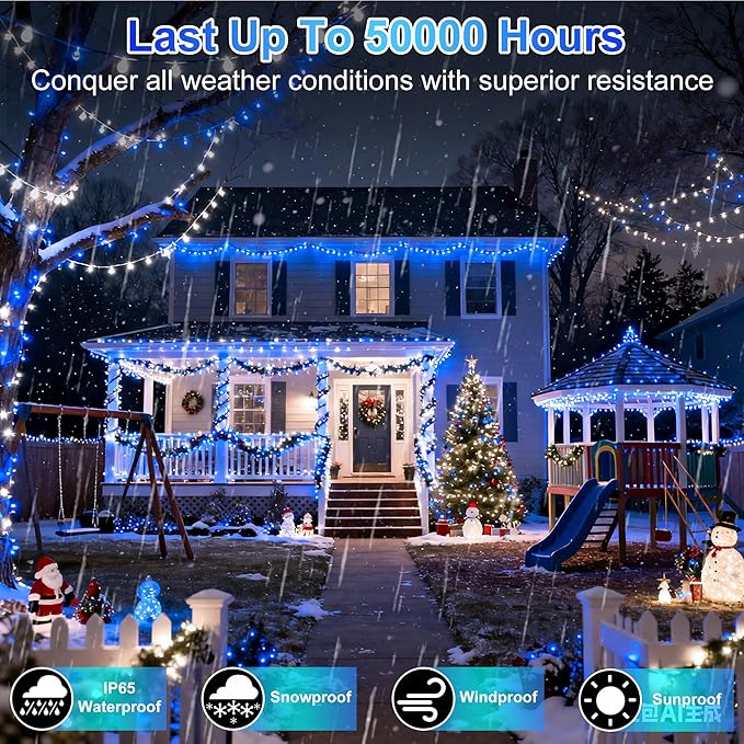 750 LED 256FT Christmas String Lights, Christmas Light with 8 Lighting Modes & Timer Memory, Plug in Outdoor Waterproof Clear Wire Twinkle Light for for Xmas Yard Tree Party Decor Blue and White