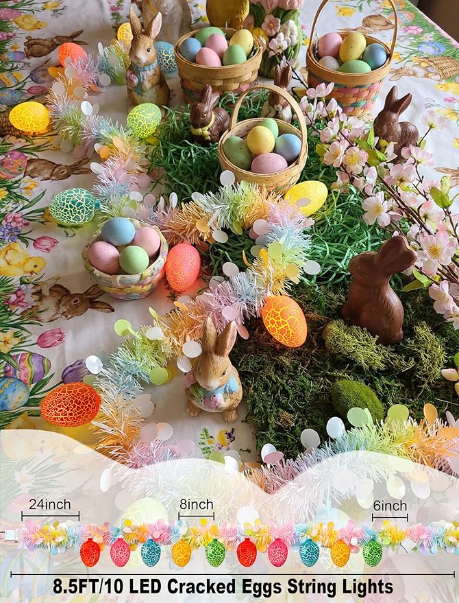 Easter Cracked Egg String Lights, 8.5Ft Plug in Easter Egg Garland with 10 LED Multicolored Cracked Eggs, Tinsel Garland Decor for Home Bedroom Garden Party Indoor Outdoor Decorations