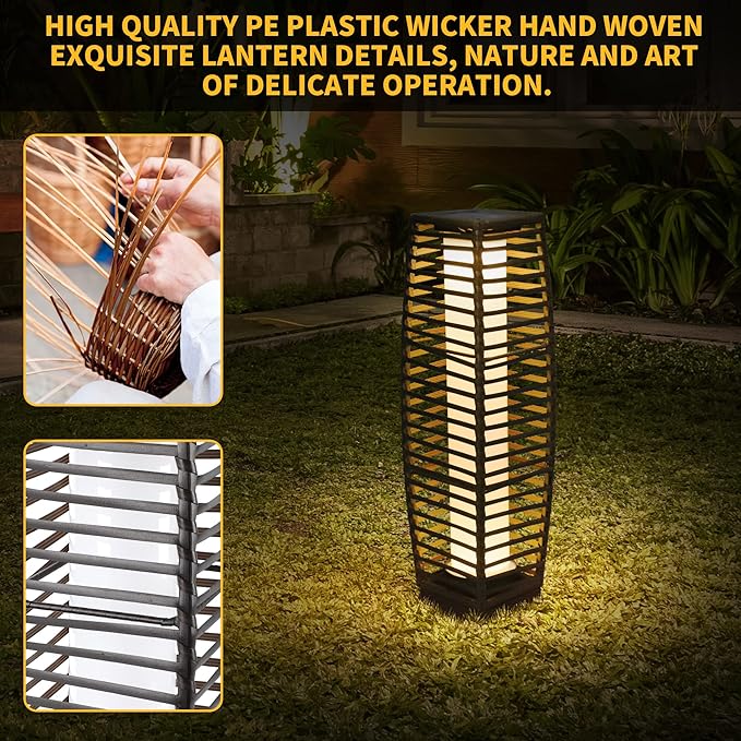 Solar Floor Lamp, Outdoor Floor Lamp, Solar Lanterns Waterproof, Solar Powered Resin Wicker Outdoor Lamp, Weather-Resistant Rattan Deck Light for Porch, Garden, Patio, Deck