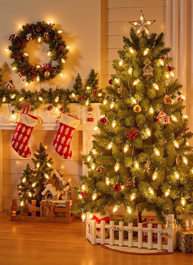 Vintage C9 LED Christmas Lights Outdoor, 150 Ft C9 String Light with 150 Shatterproof Warm White Bulbs, Waterproof Connectable Christmas Tree Lights for Roofline Holiday Garden Party Xmas Decorations