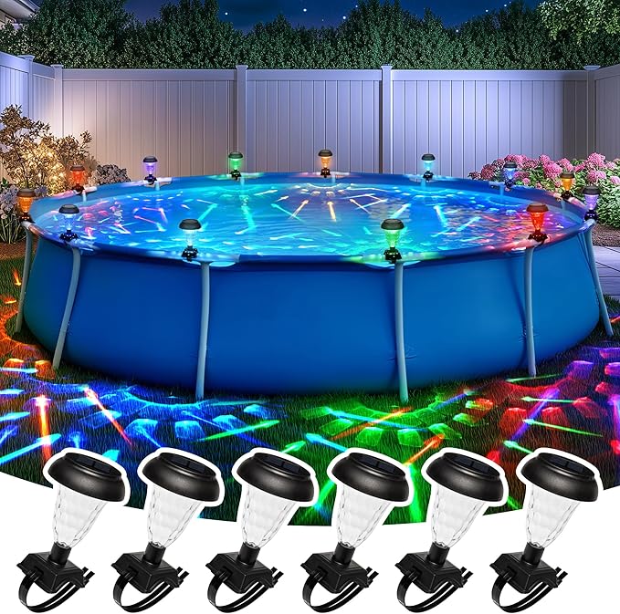 Solar Pool Lights for Framed Above Ground Pools, Waterproof Lights at Night Backyard Pool Accessories, RGB Color Light for Frame Swimming Pools, 6 Pack