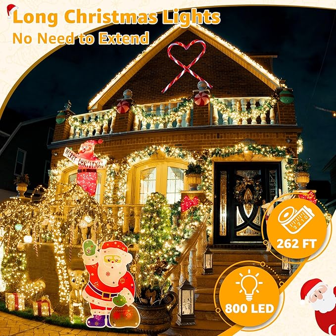 Ollny Christmas Lights Outdoor 800LED 262FT, Warm White Plug in Fairy Light with Remote, 8 Modes Waterproof Timers Dimmable LED String Lights for Indoor House Outside Bedroom Patio Balcony