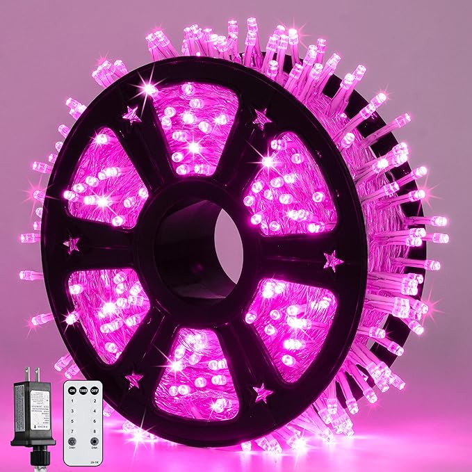 JMEXSUSS Pink Christmas String Lights 600 LED 168ft Remote Timer Clear Wire Pink Fairy Lights for Romantic Dinner Bedroom Tree Outdoor Patio Wedding Party Christmas Room Decor