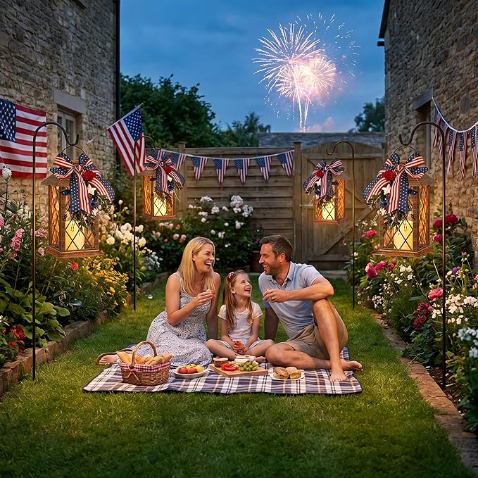 4th of July Solar Lanterns Outdoor Waterproof, Patriotic Hanging Lantern with Flickering LED Candle, 13" Independence Day Lanterns Decorations for Patio Porch Garden Yard Pathway, 1 Pack