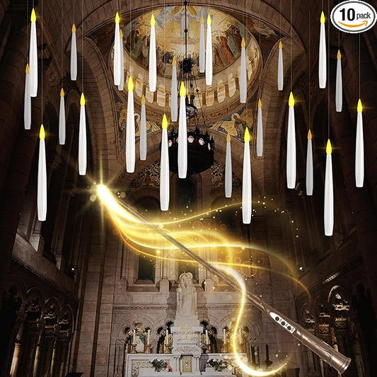 Floating Candles with Wand, 10 Pack Halloween Flameless Candles Battery Operated LED Taper Hanging Electric Candle for Christmas Halloween Birthday Party Decor 6.1in