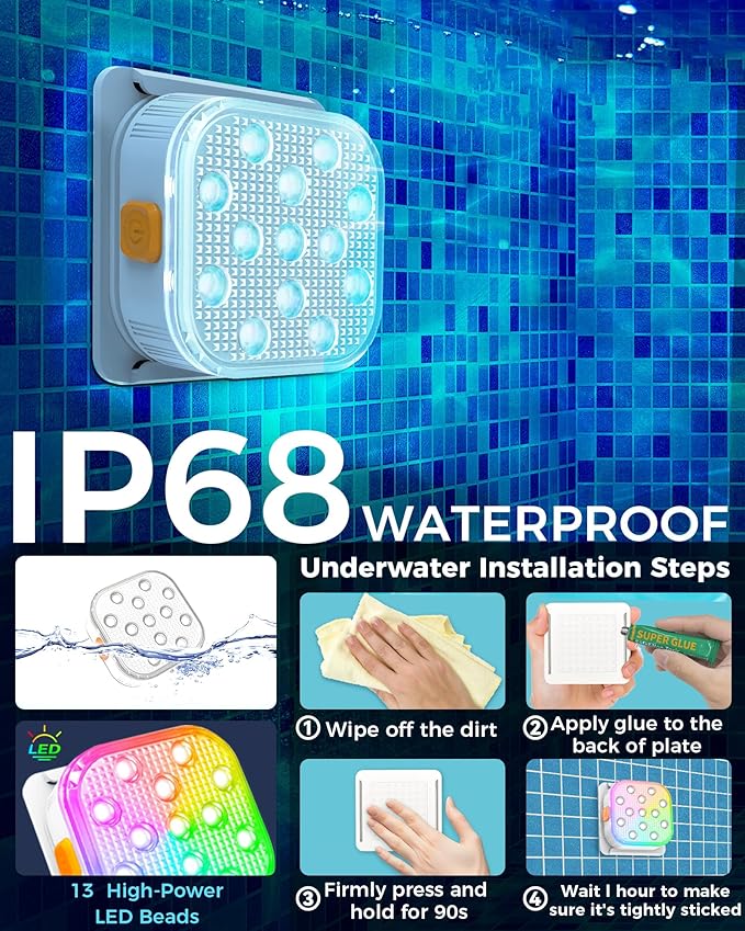 Pool Lights (2 Pack), Submersible LED Light with Remote Control, 5 Adjustable Brightness Levels, 16 Colors & 6 RGB Modes, IP68 Waterproof, 10H Runtime,Installation Accessories Included, (2025 Upgrade)