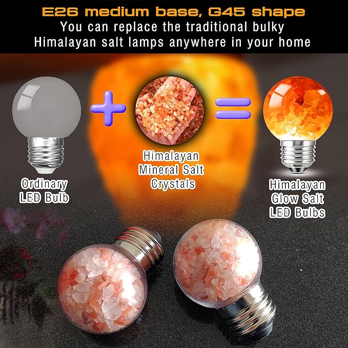 E26 Himalayan Salt Lamp Light Bulbs 3W, 2200K Warm Amber Night Light Bulbs 100lm, E26 G45 Pink Salt Rock Lamp Bulb for Bedroom Sleep, Stress Relief, Ambient Mood Lighting, Decor, Non-Dimmable, 4 Pack