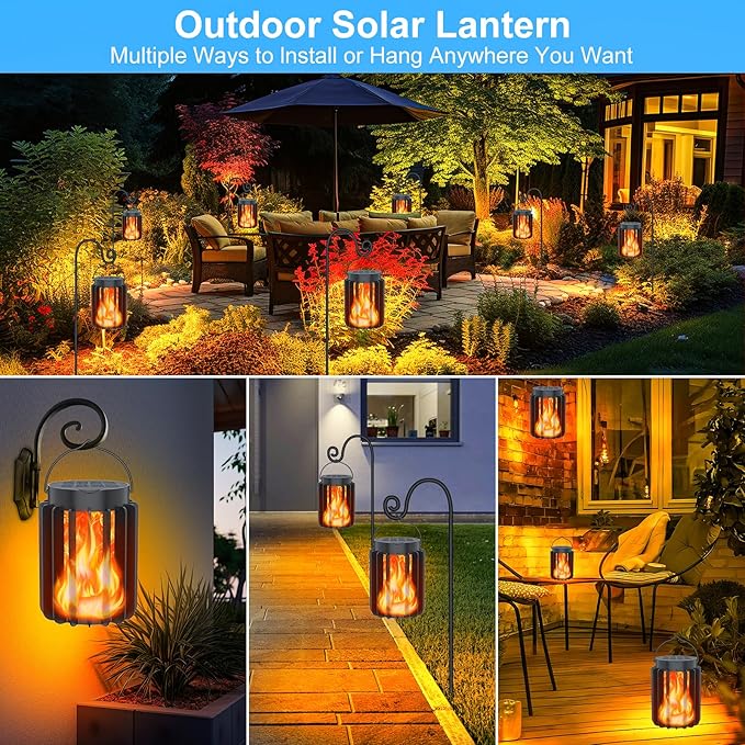 Solar Lanterns Outdoor Lights 2 Pack, Upgraded Flickering Flames Hanging Solar Lights for Outside, Solar Powered Lantern Waterproof, Lanterns Decorative for Yard Patio Garden Decor