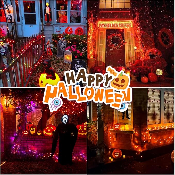LAMPHOME 33ft Halloween Decorative Mini Lights, 100 LED Green Wire Fairy Starry String Lights Plug in, 11 Lighting Modes, for Halloween Decoration Outdoor Xmas Tree Party Decoration (Orange)