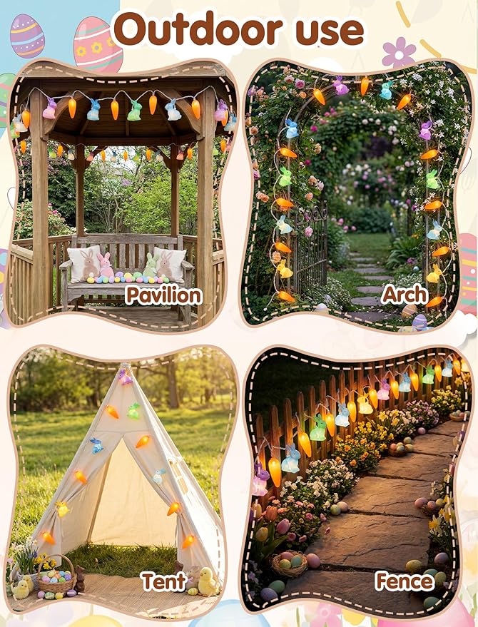 Easter Bunny Carrot String Lights, 8.5Ft Plug in Fairy Lights with 10 LED Rabbit and Carrot Lights, Cute Spring Decor for Home Bedroom Garden Party Indoor Outdoor Decorations