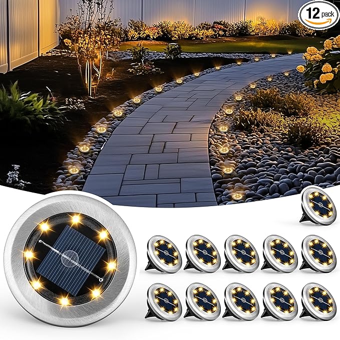 Mini Solar Ground Lights, 12 Pack Solar Garden Lights, Solar Powered Pathway Lights Warterproof, Outdoor Lights for Driveway, Walkway, Backyard, Patio (Warm White)