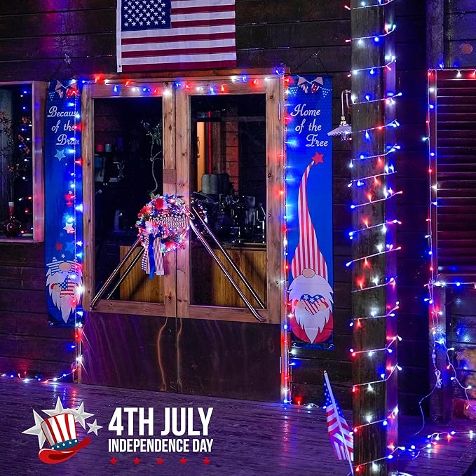 JMEXSUSS 2 Pack 100 LED Red White and Blue Lights, 33ft Connectable 4th of July Lights Outdoor, 8 Modes Patriotic String Lights Indoor for Independence Day 4th of July Memorial Day Holiday Decor