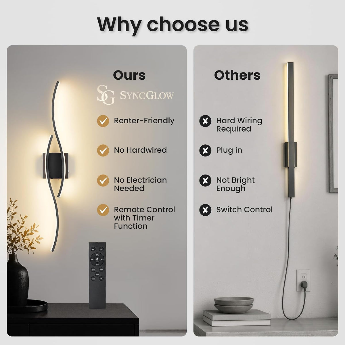 31.5-Inch Cordless LED Wall Sconces with Remote & Touch Control, Black, Set of 2