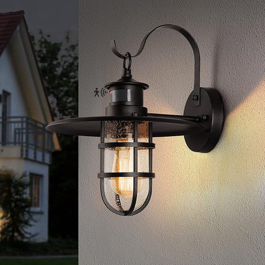 Motion Sensor Kerosene Oil Outdoor Wall Light Fixture,Waterproof Dusk to Dawn Porch Lantern Wall Mount with Seeded Glass for Entryway Doorway Garden,3 Modes Exterior Patio Retro Wall Sconce