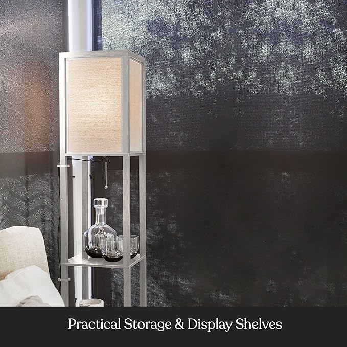 Brightech Maxwell - Modern Shelf Floor Lamp with Lamp Shade & Warm White LED Bulb, Corner Display Floor Lamp with Shelves for Living Room, Bedroom, Nightstand Office, Home Decor Storage - Rustic Wood