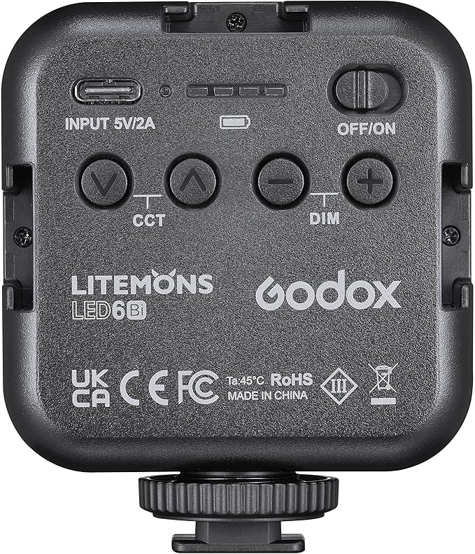 Godox Litemons Bi-Color Pocket-Size LED Video Light, 3200–6500K, Built-in Battery, Magnetic Mount, Cold Shoe, Stackable Design (LED6Bi)