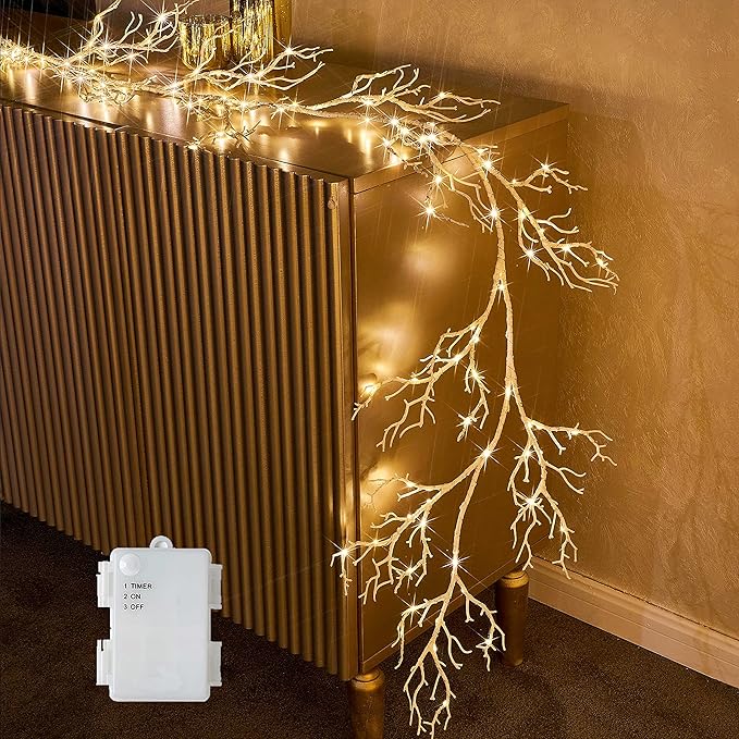 Hairui Lighted White Garland Battery Operated with Timer 120 LED Fairy Lights, Decorative Garland with Lights 6FT for Home Mantle Wall Christmas Decoration Indoor Outdoor