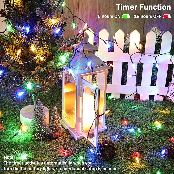Lomotech Battery Operated Christmas Lights - 4 Pack Total 66ft 200LEDs Mini String Lights 8 Modes Waterproof with Timer for Home, Garden, Party, Holiday, Tree Decoration （Green Wire,Multicolor）