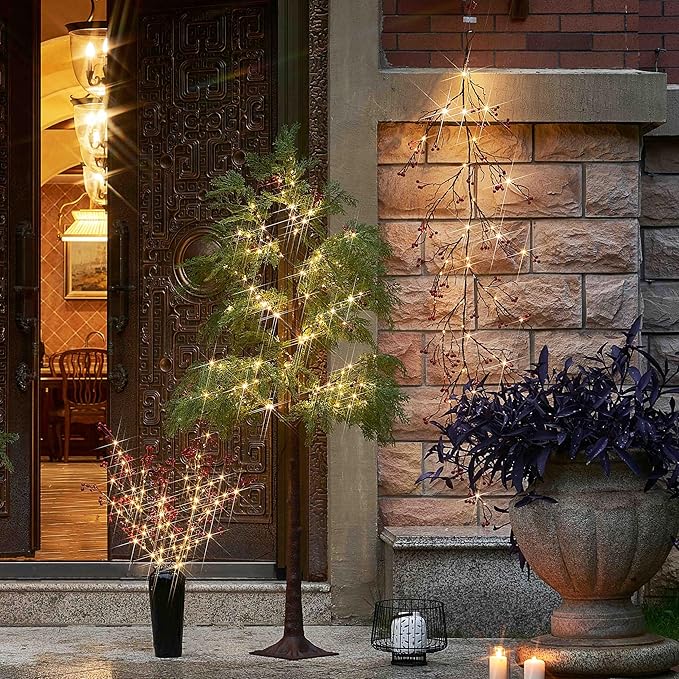 Hairui Red Berry Garland with Lights 6FT Battery Operated with Timer, Lighted Garland 120 LED Fairy Lights for Home Fireplace Wall Mantel Christmas Decoration Inside