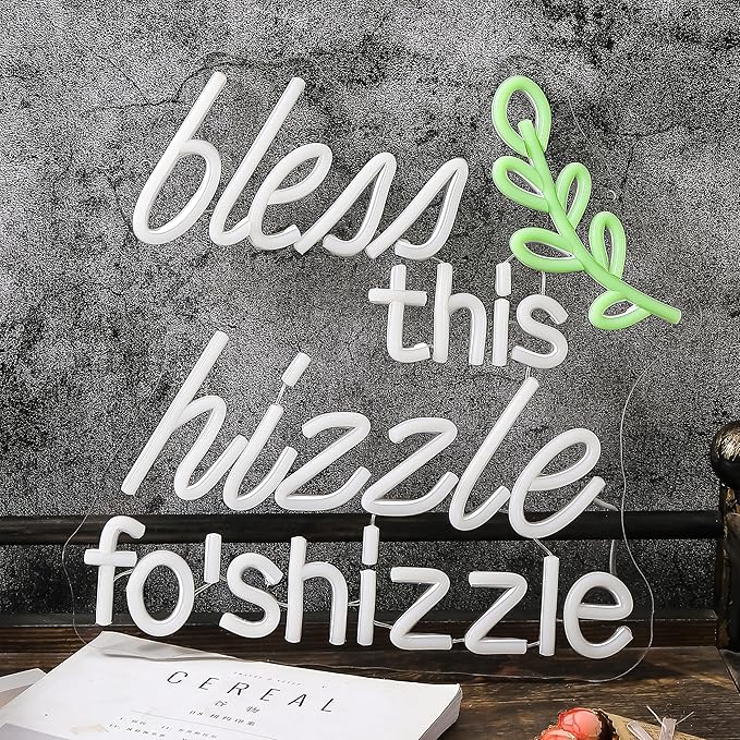 Bless This Hizzle Fo' Shizzle Neon Lights Warm White Letters LED Lamp Funny Humor Light up Farmhouse Rustic Decorations for Home Porch Living Room Office Decor